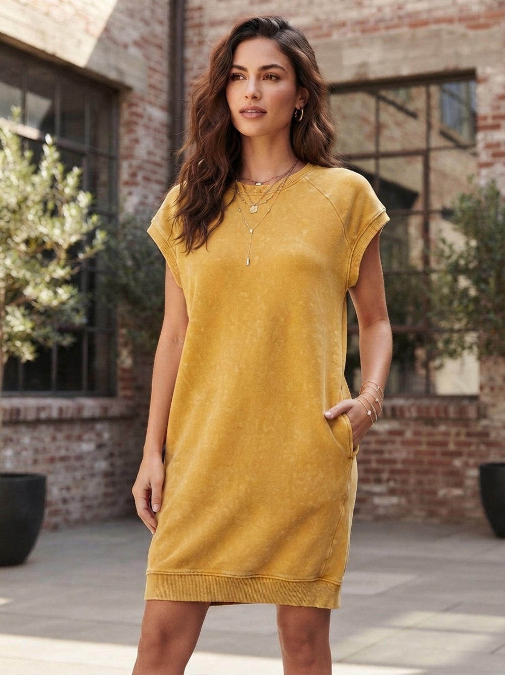 Goodthreads Heritage Fleece Short-Sleeve Cocoon Dress Mustard Yellow M Boho